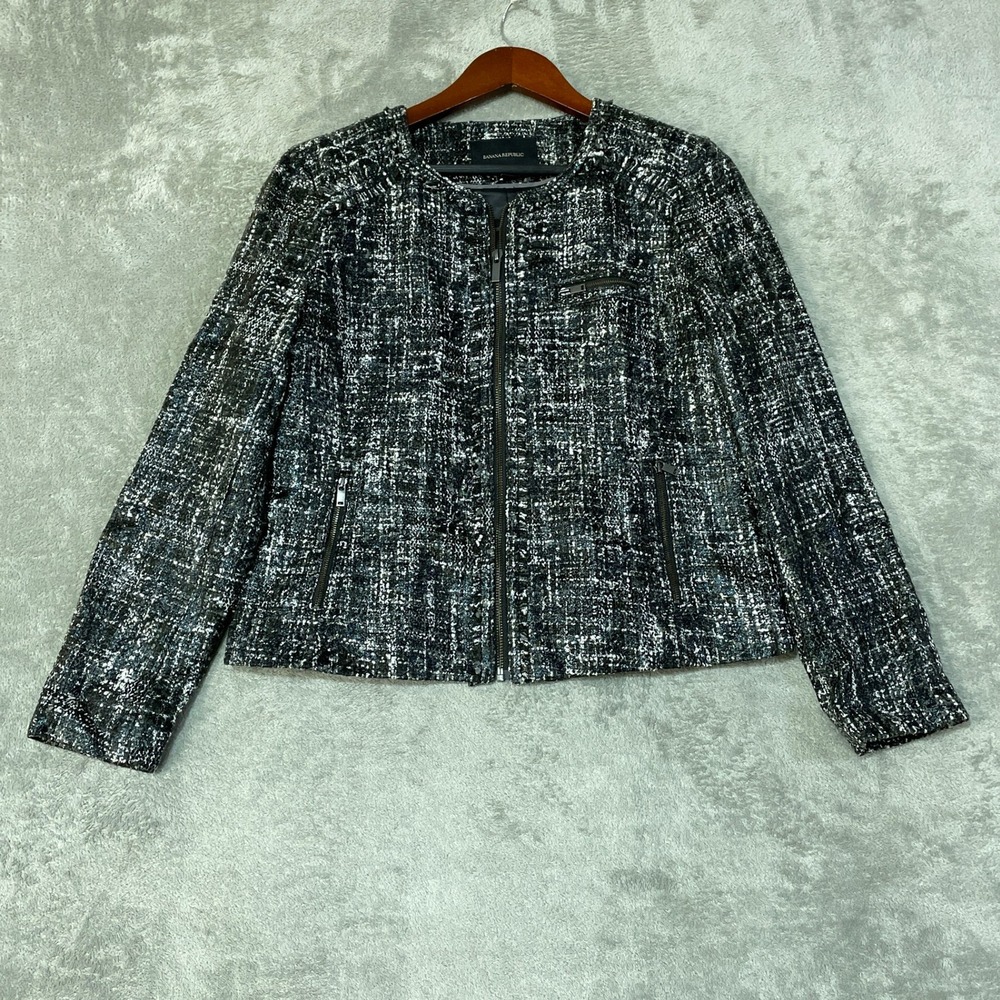 Excellent Banana Republic Blazer Women's 12 Black Acrylic Tweed Zip Moto